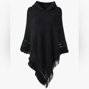 Black Hooded Shawl Cape Woven Poncho w Fringe